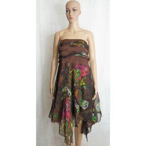 IPSE Gazebo Brown Floral Artsy Sheer Dress Handkerchief Hem Womens Size T4 US 10
